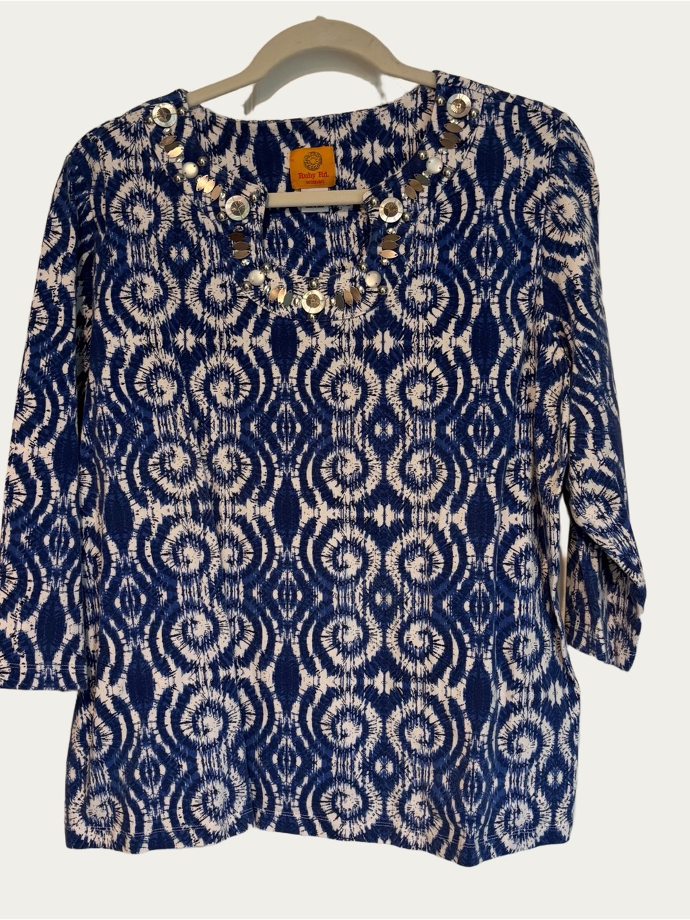 Ruby Rd. Blue and White Jeweled Neck Tunic Woman’s 1X